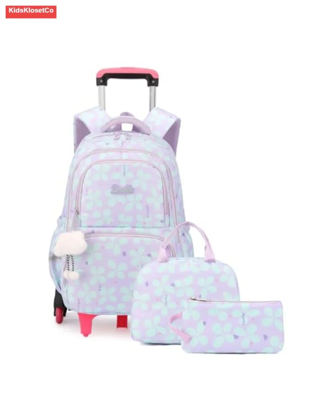 3-Piece Kids Rolling Backpack with Lunch Bag - 6 Wheels, Purple